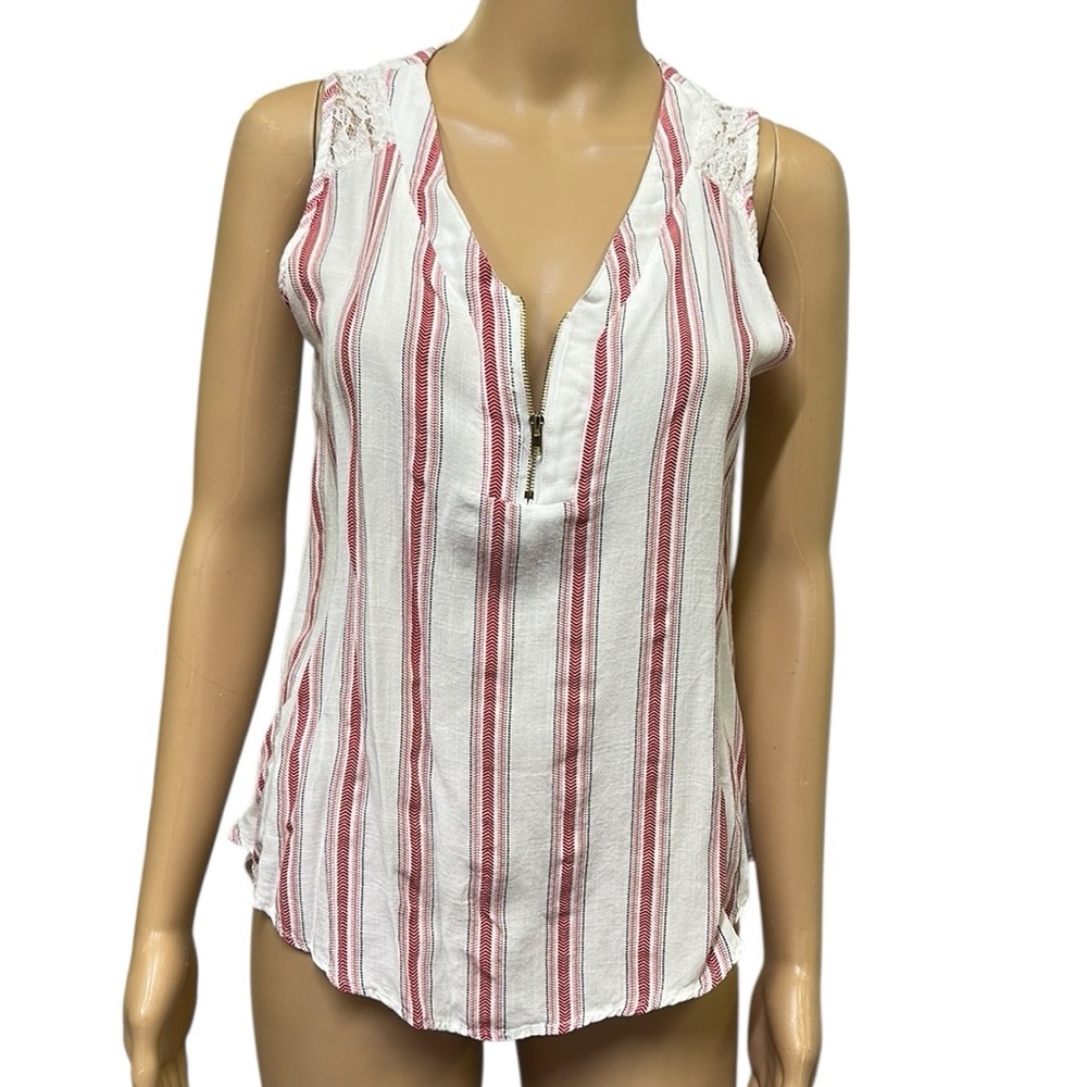 Ember Cotton Striped Front Lace Accent Quarter Zip Sleeveless Blouse Womens M